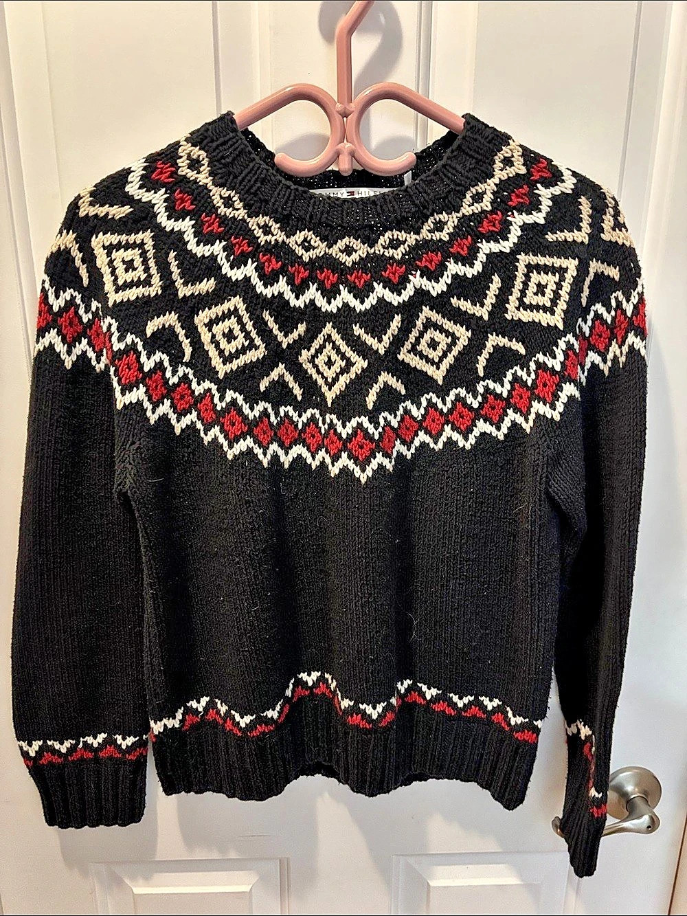 Tommy Hilfiger Geometric Knit Sweater in Black & Red Size XL